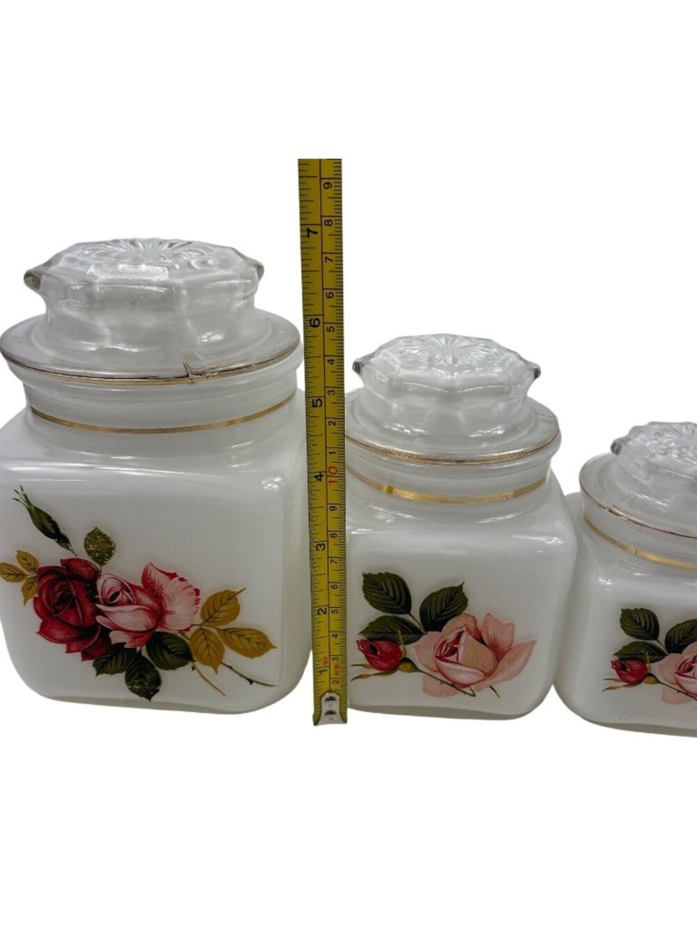 White Frosted Glass Jars With Gold Trim And Floral Rose Design Set Of 3 With Lid - Picture 14 of 15